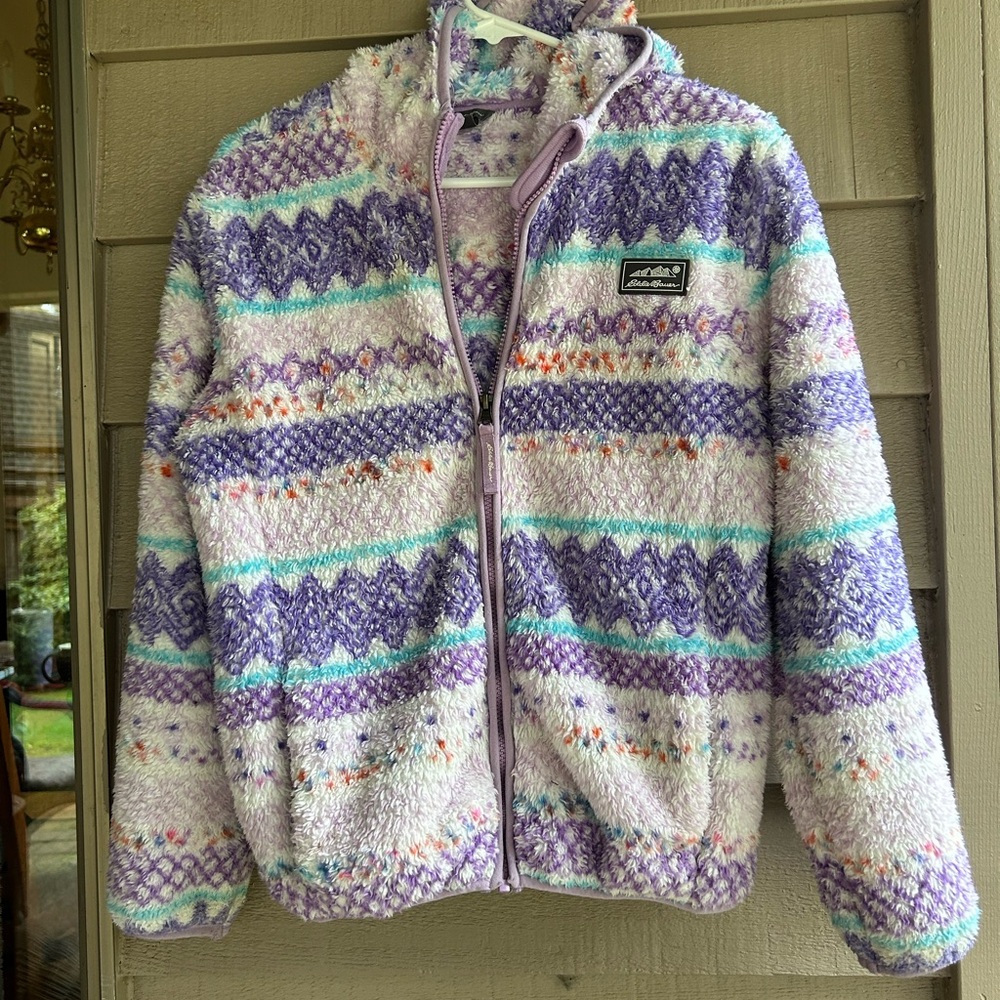 Eddie Bauer Girls Purple and Green Hooded  Fleece zip up Jacket
